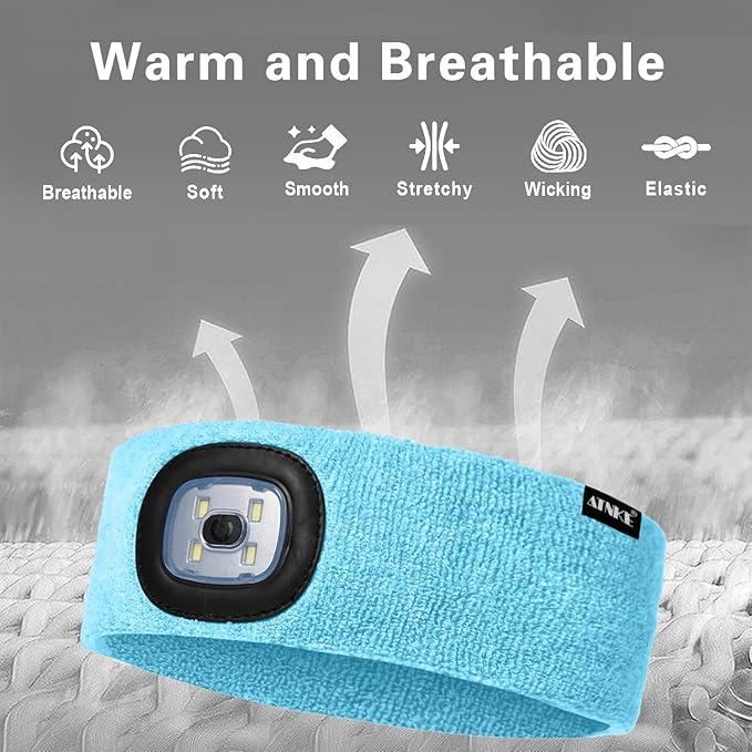 ATNKE 4 LED Lighted Sport Sweatband,USB Rechargeable Running Head Band Lamp High Stretch Wicking Gifts for Men and Women