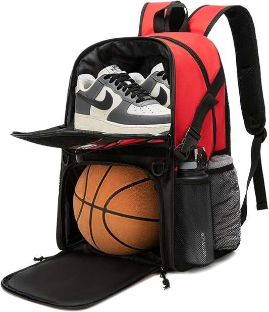 Basketball Bag Backpack with Ball Holder and Shoes Compartment,Best for Basketball, Soccer, Volleyball, Gym. (RED)