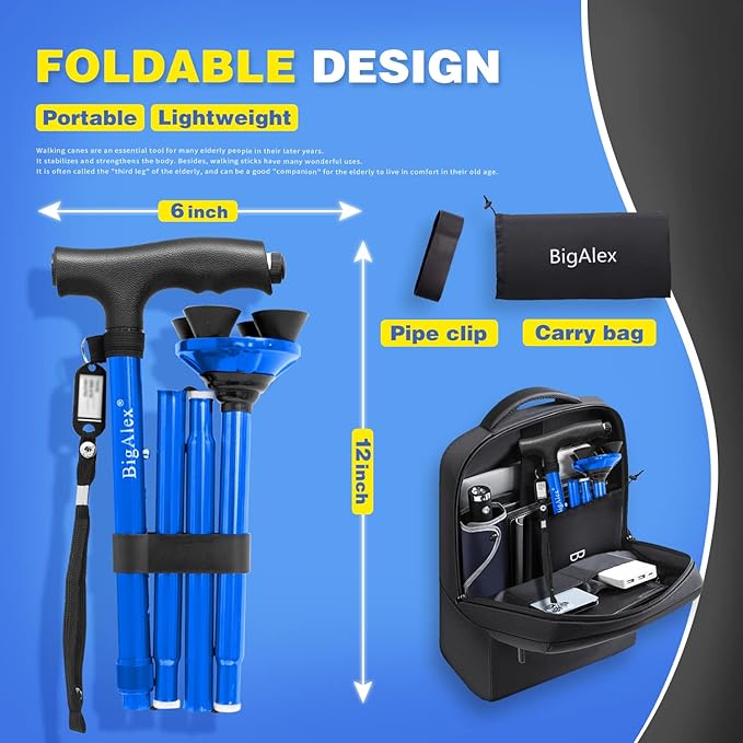 BigAlex Folding Walking Cane with LED Light,Pivoting Quad Base,Adjustable Walking Stick with Carrying Bag for Men/Women