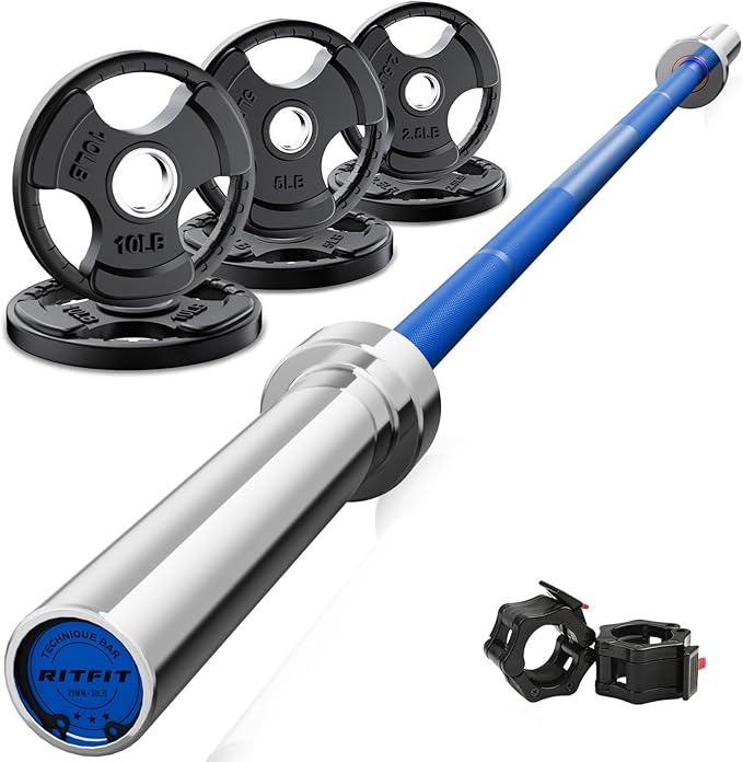 RitFit Barbell Weight Set - 4/6FT Olympic Barbell with Weight Plates (55-275LB Total) - Weightlifting Equipment for Squats, Curls, Deadlifts, Presses, Hip Thrusts
