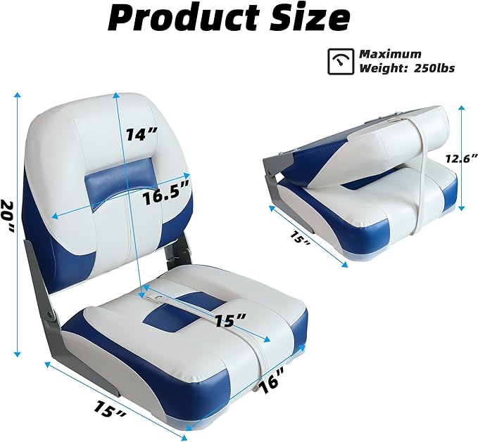 Boat Seats 2 Pack, Low Back Folding Bass Boat Seat for Fishing Jon Pontoon, White/Blue