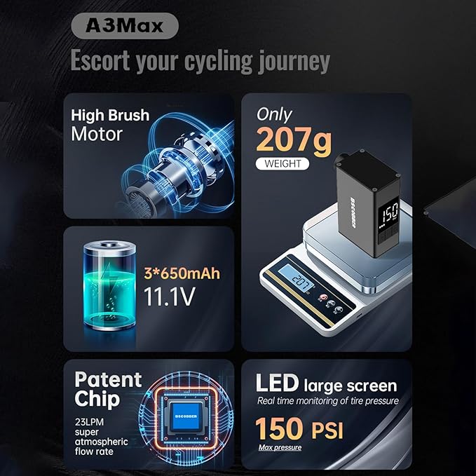 Mini Bike Pump Electric Bike Pump 150 PSI Portable Bike Tire Inflator Air Compressor Rechargeable Bicycle Air Pump with Gauge,Tiny Pump with Presta & Schrader Valve for Mountain/Road Bike