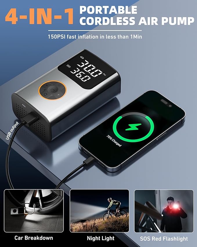 Tire Inflator Portable Air Compressor, Bike Pump, 150PSI Air Pump for Car Tires with LCD Dual Screen and Digital Tire Pressure Gauge, Air Compressor for Bicycle, Motorcycle, Compact Car, Ball