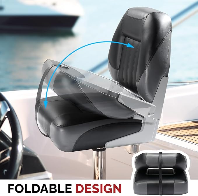 PEXMOR Boat Seats Low/High Back, Folding Boat Seat Included, Fold-Down Fishing Boat Seats Waterproof Captain Boat Seat w/Aluminum Hinges & Thick Soft Cushion, 2 Packs (Low Back-Grey & Black)