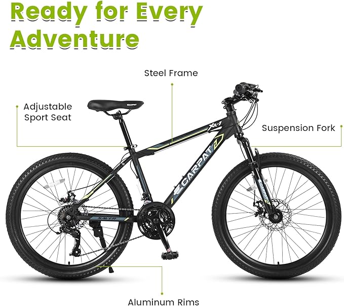 24/26 Inch Mountain Bike, 21 Speed Mountain Bicycle with High Carbon Steel Frame, Dual Disc Brakes and Front Suspension, MTB Bike for Adult Teenagers Boys Girls
