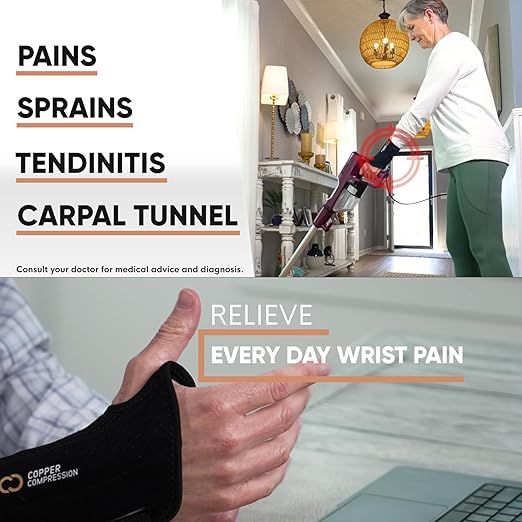 Copper Compression Advanced Wrist Brace - Copper Infused Adjustable Orthopedic Support Splint for Pain, Carpal Tunnel, Arthritis, Tennis Elbow, Tendinitis, RSI, Ganglion Cyst for Men Women Right S/M
