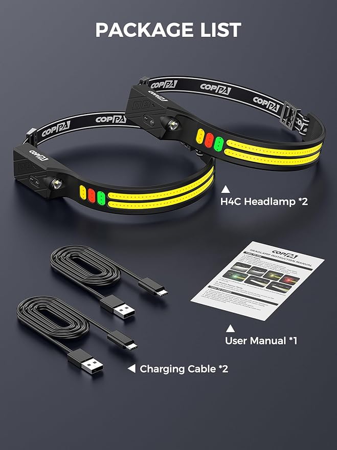 COPPA Headlamp, H4C Headlamp Rechargeable 2Pack with White & Yellow & Red & Green Floodlight & Spotlight Mini Portable with Motion Sensor Super for Camping Running Fishing Climbing Hiking Maintenance
