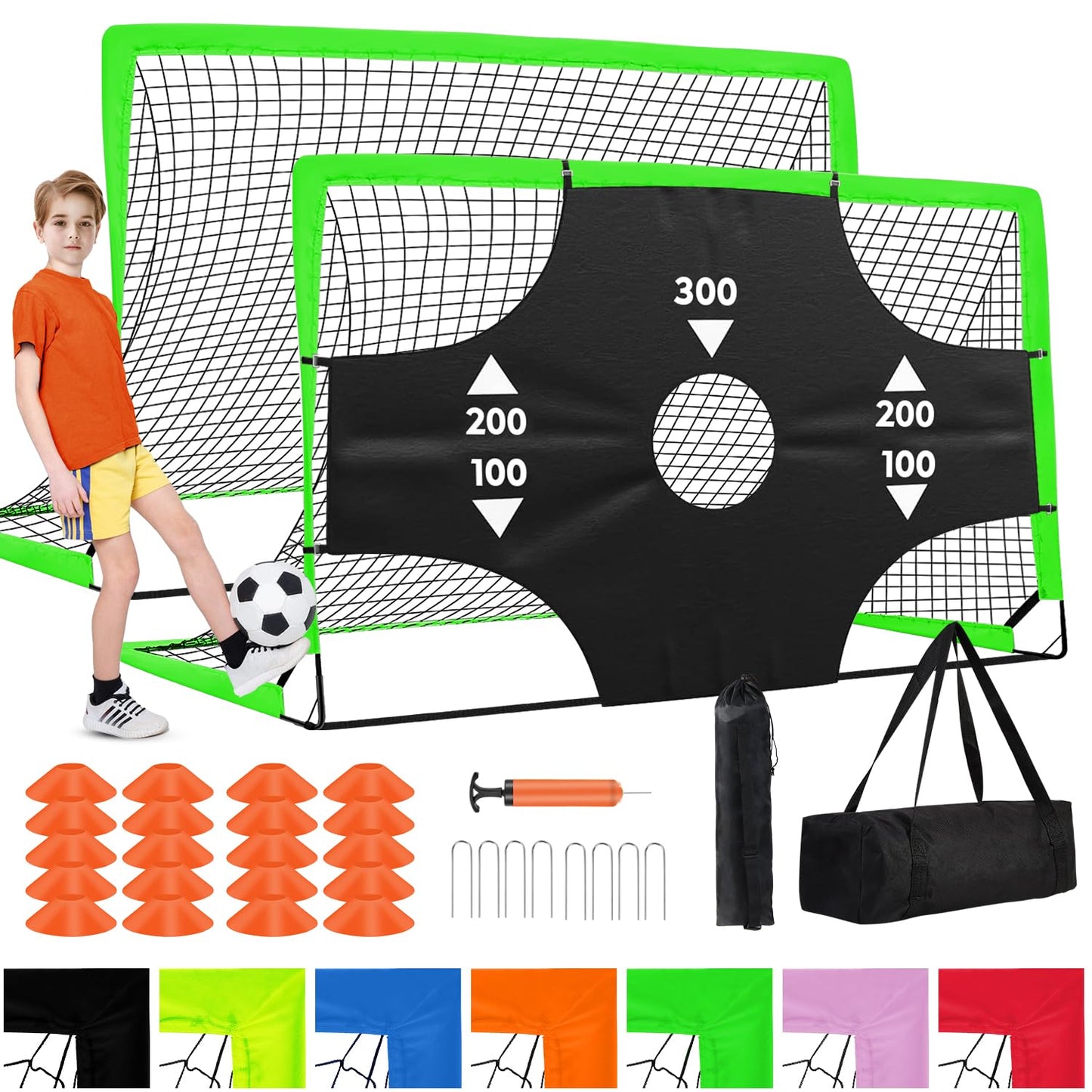 Fololicx Green Soccer Goals for Backyard, 2 of 6x4ft Kids Soccer Net Training Equipment, Portable Pop Up Toddler Soccer Goal with Soccer Ball, Scoring Target Cloth, and Cones - Fun Youth Outdoor Games