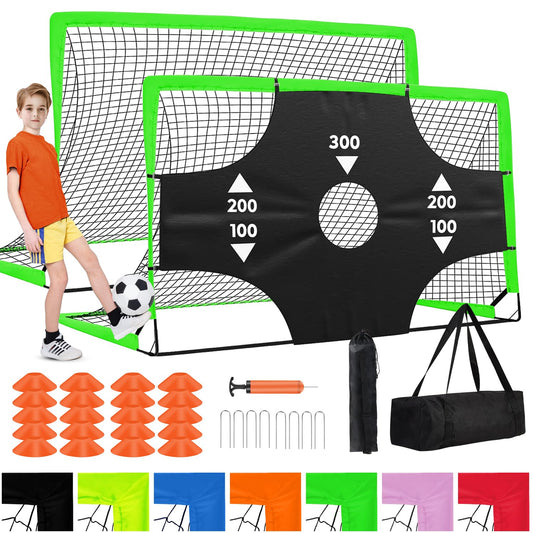 Fololicx Green Soccer Goals for Backyard, 2 of 6x4ft Kids Soccer Net Training Equipment, Portable Pop Up Toddler Soccer Goal with Soccer Ball, Scoring Target Cloth, and Cones - Fun Youth Outdoor Games