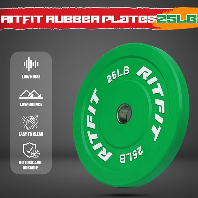 RitFit Color Coded Olympic Bumper Plate for Barbell - 2-Inch Weight Plates With Steel Insert, Rubber Weights for Strength Training in Home Gym