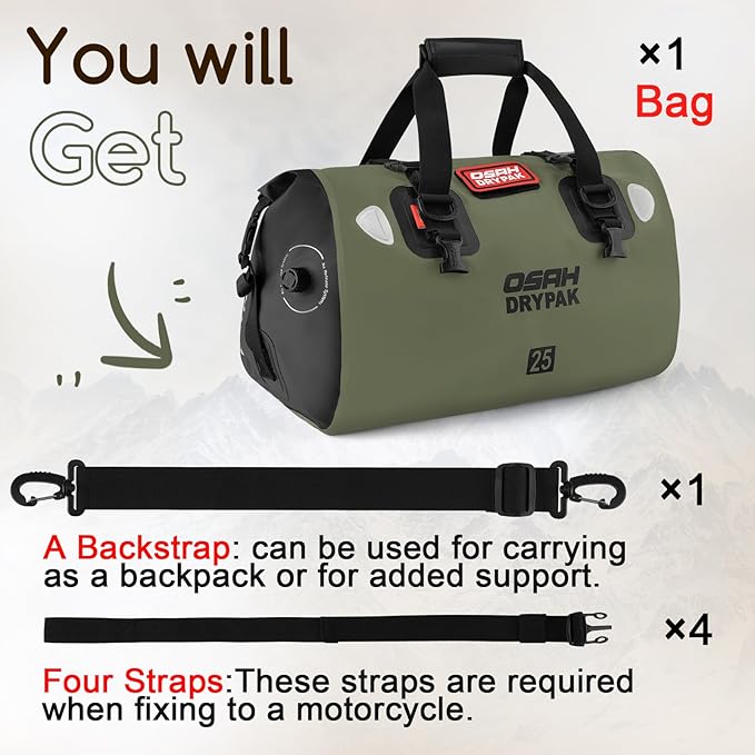 Waterproof Duffel Bag - Motorcycle Dry Bag Tail Bag with Large Storage Space, Waterproof Luggage Duffle Bags with Outer Mesh Zipper Pocket for Camping, Kayaking, Fishing & Traveling