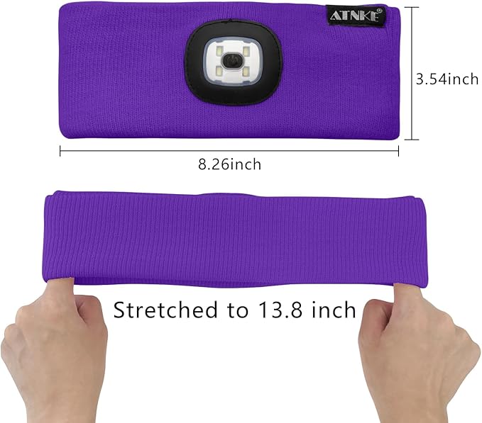 ATNKE 4 LED Lighted Sport Sweatband,USB Rechargeable Running Head Band Lamp High Stretch Wicking Gifts for Men and Women