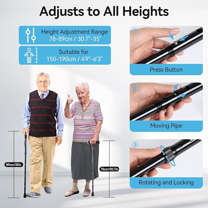 AGPTEK Folding Walking Cane for Women & Men, Adjustable Walking Stick with LED Light and Manual Alarm for Seniors & Adults, Heavy Duty Collapsible Cane with Quad & Tip Base