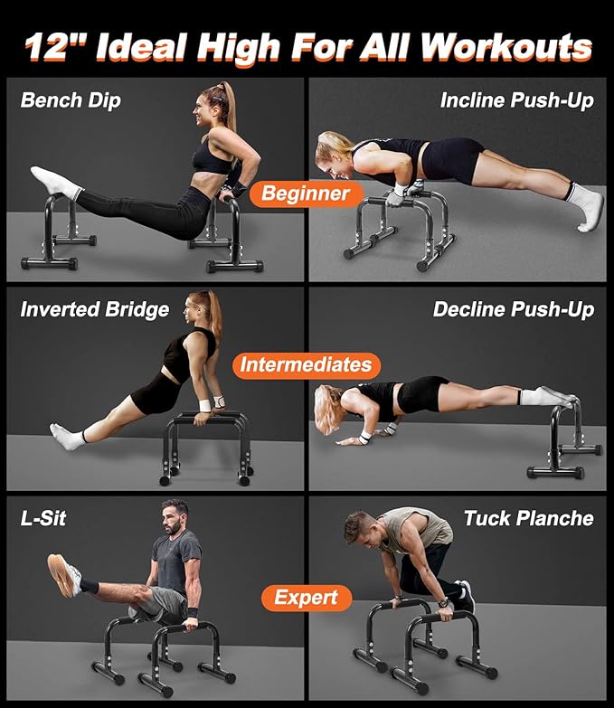 Push Up Bar, 12 Inch High Non-Slip Parallettes Bars & Dip Bars With Foam Handles, Heavy-Duty No Wobbling Calisthenics Equipment For Handstand, L-Sit, Gymnastics, Strength Training Home Gym Use