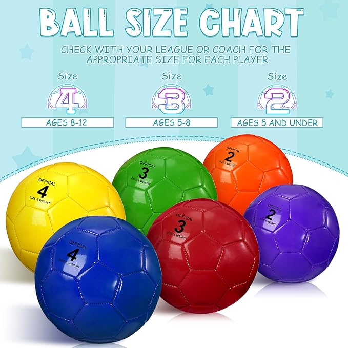 HyDren 6 Pcs Soccer Ball with Pump Colorful Official Soccer Ball for Kids Youth Adult Indoor Outdoor Soft Sport Gift for Training Practice Game