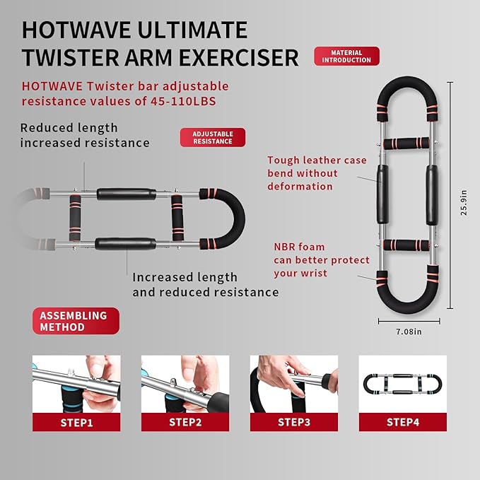 Chest Exerciser for Men & Women,Adjustable Twister Arm Trainer- Portable Power Twister Bar with 3 Resistance Levels ，Detachable Design Fitness Anywhere for Arm & Chest Workout.