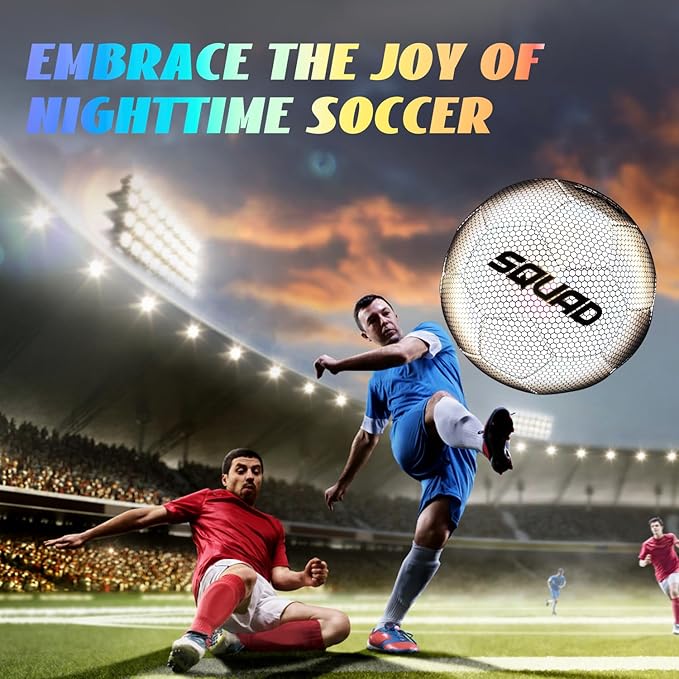 SQUAD Holographic Reflective Soccer Ball Size 5 - Reflective Glowing Ball for Night Games & Training - Durable PU Leather and Rubber Airbags - Cool & Unique Gift for Soccer Fans