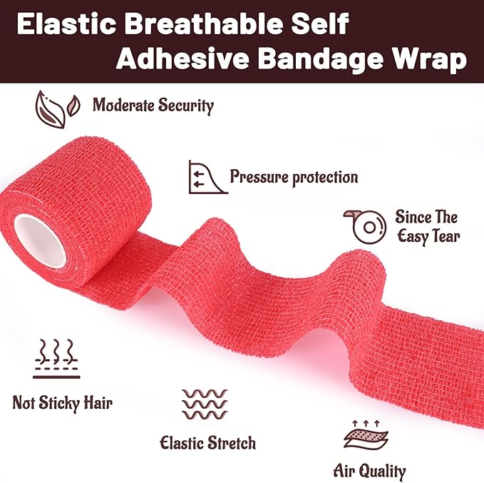 24 Pack Self Adhesive Bandage Wrap, 2” x 5 Yards Cohesive Medical Tape Elastic Grip Tape Red Sports Tape Athletic for Ankle, Wrist Sprains, Pet First Aid (Red, 2 Inch)