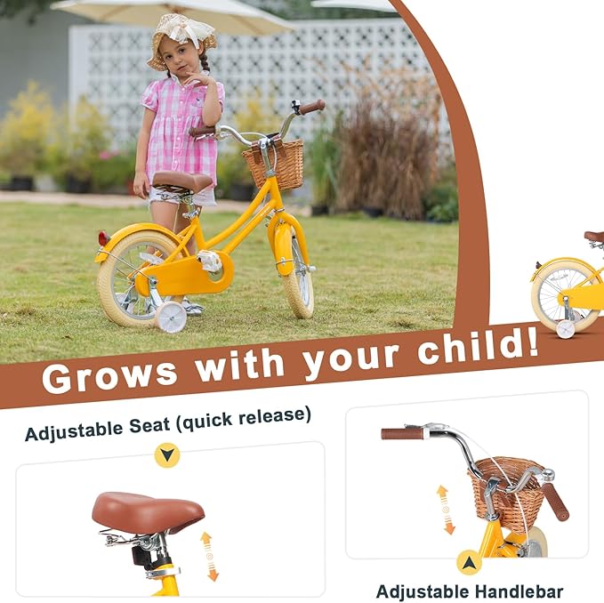 Glerc Little Molly 12-20 Inch Kids Retro Cruiser Bike for 2-13 Year Old with Wicker Basket & Training Wheels/Kickstand, Multiple Colors