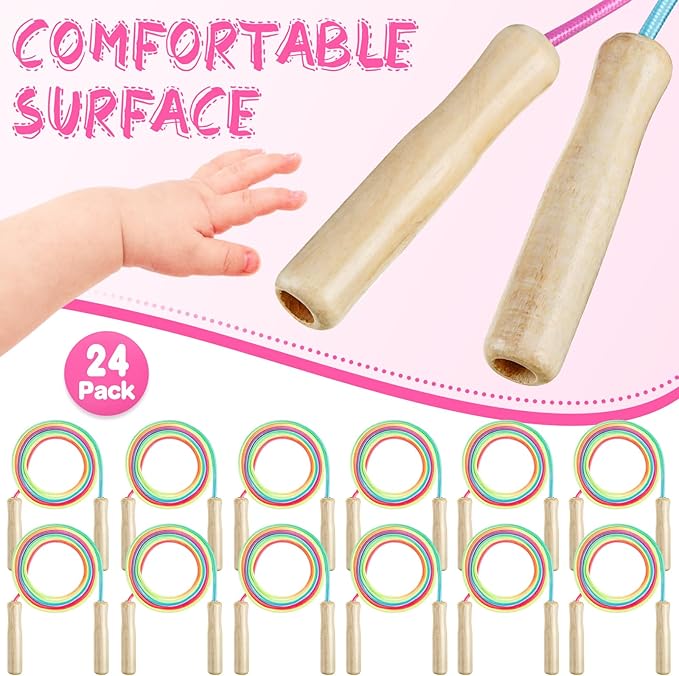 24 Pcs Jump Ropes Bulk 8.53 ft Rainbow Cotton Skipping Ropes with Wooden Handle for Exercise Physical Christian Charity Donation Operation Christmas Supplies