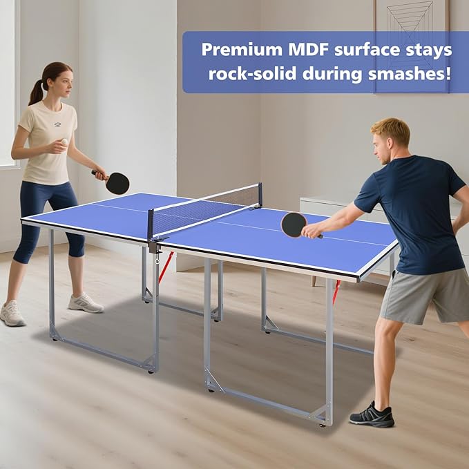 Ping Pong Table Foldable Table Tennis Table with Net, Table Tennis Paddles and Balls, 4.5FT/6FT/9FT MDF Multi-Use Family Game Table for Kid Teenager Adult, Compact & Portable