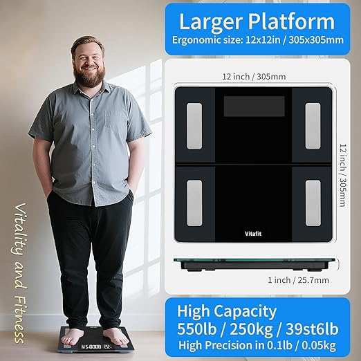 Vitafit 550lb Smart Bathroom Scale for Body Weight, High Precision in 0.1lb Assured by Weight Scale Professional Factory Since 2001, App Sync 13 Body Composition with BMI and Body Fat, Black