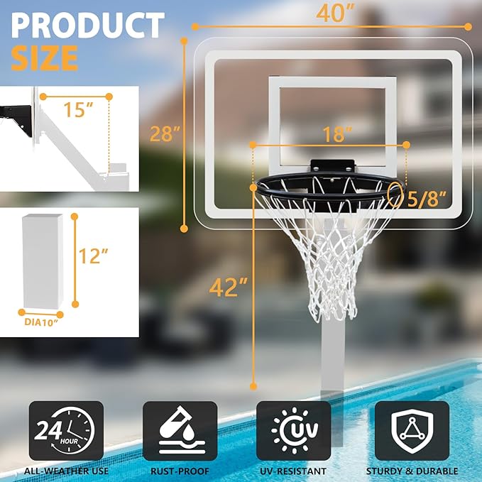 PROGOAL Aluminum Shot and Dunk Poolside Basketball Hoop - In Ground Removable Rust-Resistant Adjustable Height Pool Basketball Game System with Clear Backboard 1/2 Springs Rim and Three Balls