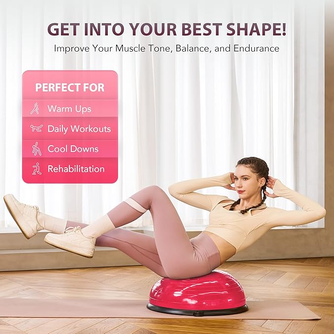 ZELUS Balance Ball Trainer with Resistance Bands and Foot Pump, Inflatable Yoga Ball for Home Gym Workouts, 23 Inch Exercise Half Ball for Balance Training Core Strength Fitness More, 330lb Cap