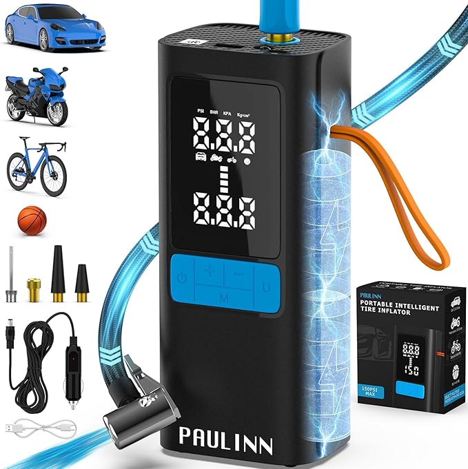 Tire Inflator Portable Air Compressor, 3X Faster 150 PSI 15000mAh Cordless Air Pump for Car with Gauge Dual LCD Display, LED Light & Auto Shut-Off, Tire Pumps for Automobiles/Car/Motor/Bicycle/Ball