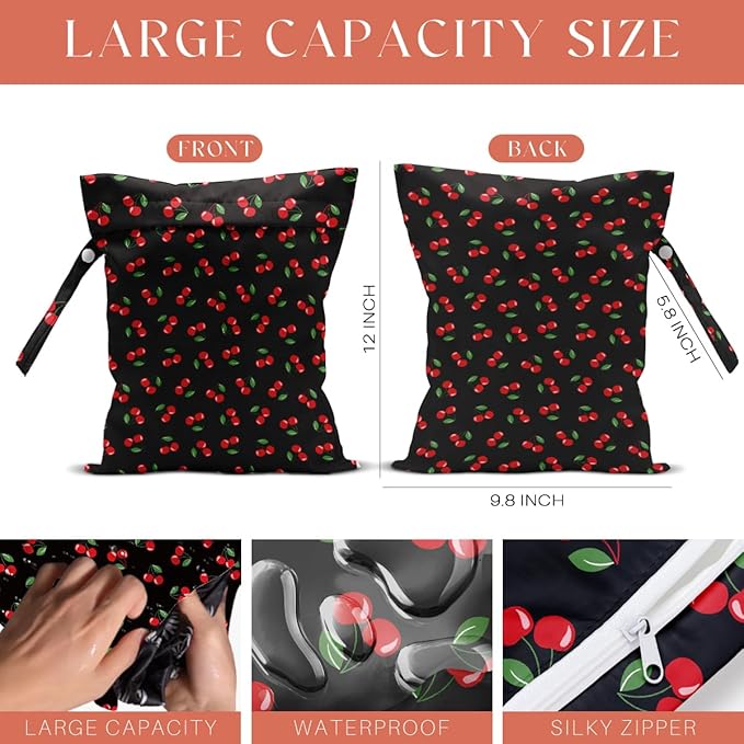 4 Pack Cute Line Circle Cherry Wet Bag Waterproof Washable Reusable Wet Dry Bag for Swimsuit Bathing Dirty Clothes Cloth Diaper Travel Beach Pool Yoga Gym Toiletries Travel Beach Essentials