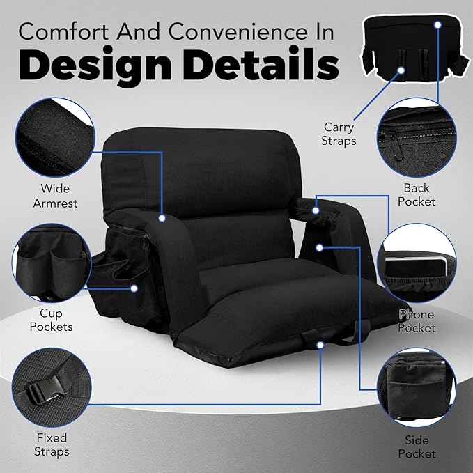 Wide Stadium Seats With Back Support 2 Pack, Exclusive "Sofa Style" Design Extra Thick Bleacher Chairs With Back and Cushion, 6 Reclining Positions - Ultimate Comfort for Sports Events (Black, 22.5")