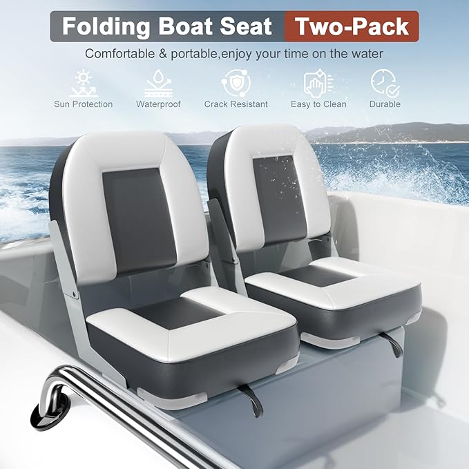 2-Pack 20" High Back Boat Seat with Thickened Sponge Padding and Hinge, Waterproof Boat Captain Chairs, Easy to Store, Ideal for Fishing, Sightseeing, Boating Grey