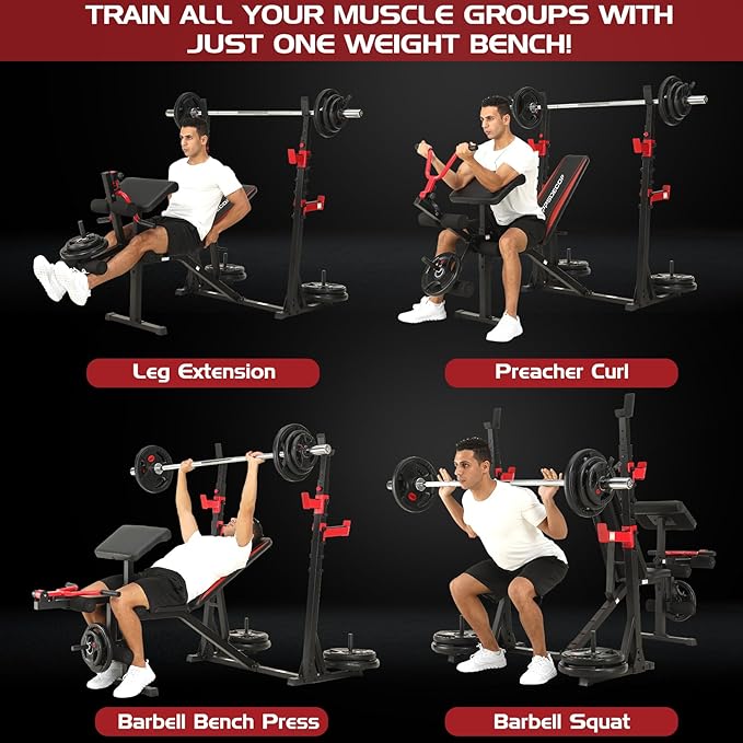 OPPSDECOR 900LBS Weight Bench Set with Squat Rack Preacher Curl Weight Bench with Leg Extension Bench Press Set Workout Bench for Home Gym Full Body Workout