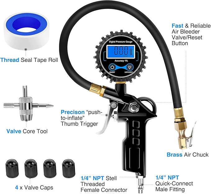 Nilight 50026R Digital Tire Inflator Pressure Gauge,250 PSI Air Chuck and Compressor Accessories Heavy Duty with Rubber Hose Quick Connect Coupler for 0.1 Display Resolution