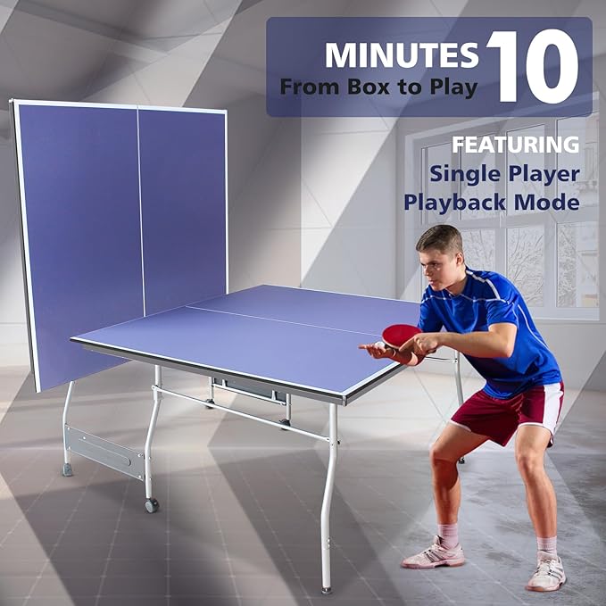 Rakon Blue Folding Rolling 8×4 FT Table Tennis Table Indoor and Outdoor Table Tennis Table, 2 Rackets, 3 Balls, 1 Net and 4 Wheels Set Behind It for Easy Movement
