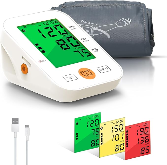 Blood Pressure Monitor Upper Arm Blood Pressure Machine for Home Use BP Cuff Kit, Large 3-Color 3.4'' Display with Backlight,Pulse Rate Detection Meter with Cuff 22-42cm/2×99 Sets Memory (White)