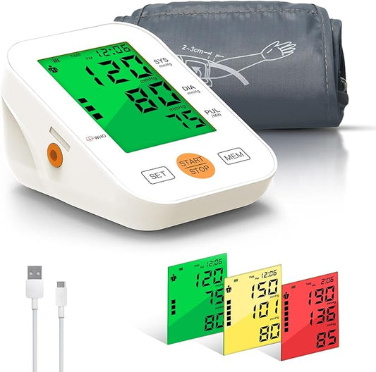 Blood Pressure Monitor Upper Arm Blood Pressure Machine for Home Use BP Cuff Kit, Large 3-Color 3.4'' Display with Backlight,Pulse Rate Detection Meter with Cuff 22-42cm/2×99 Sets Memory (White)