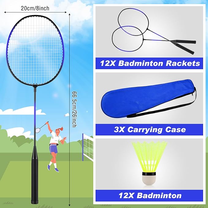 12 Pack Badminton Rackets Set Including Rackets, Nylon Shuttlecocks and Carry Bag for Outdoor Backyard Games Beginners