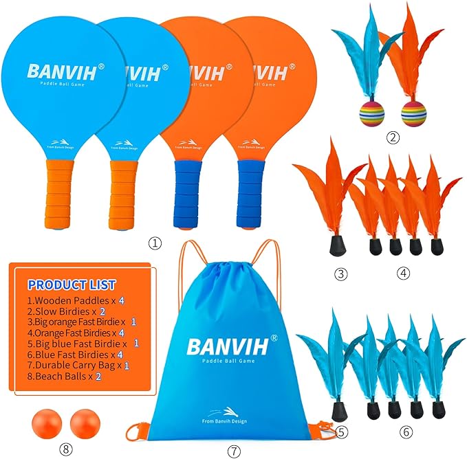Banvih Badminton Set 4 Rackets, Paddle Ball Outdoor Games for Kids Teens Adults and Family, Sports Beach Toys - for Yard, Lawn, Camping Games Essentials