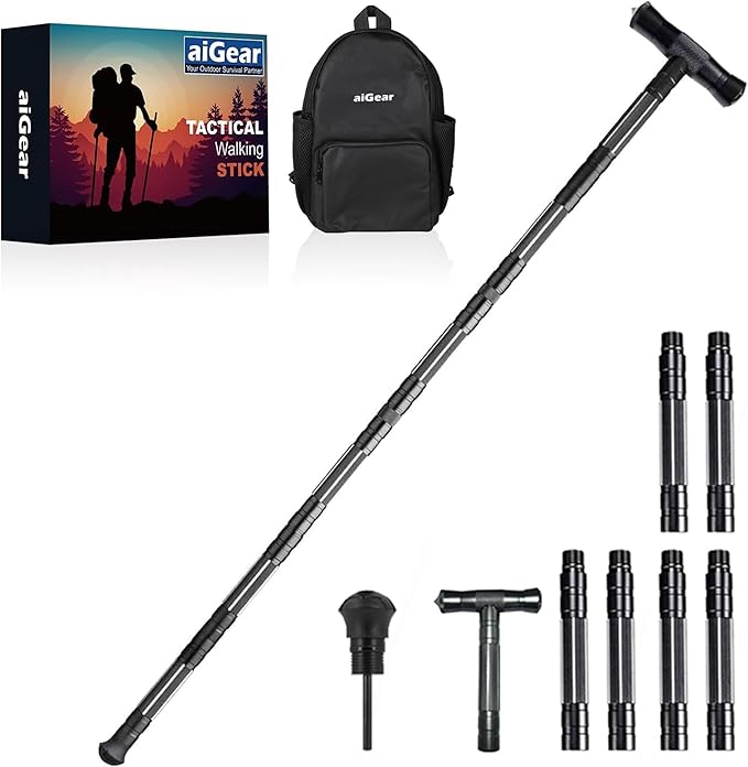aiGear Hiking Walking Stick with 3 Survival Tool Tactical Walking Staff Adjustable Outdoor Trekking Poles for Survival Camping Hiking