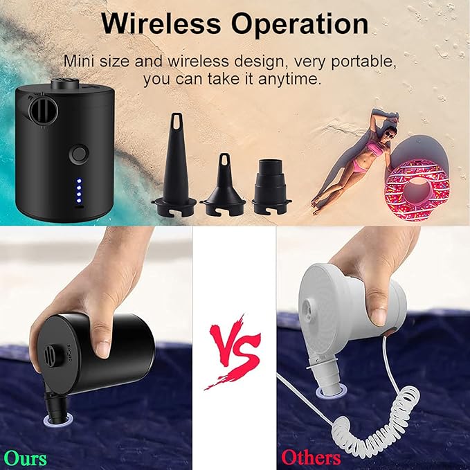 3T6B USB Rechargeable Air Mattress Pumps, Portable Air Pump with 4 Nozzles for Outdoor Camping, Air Mattress, Inflatable Couch, Pool Toy