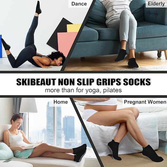 SkiBeaut Grips Non Slip Socks for Women, 4 Pairs Yoga Pilates Anti Skid Woman Hospital Gripper Socks (5-12)