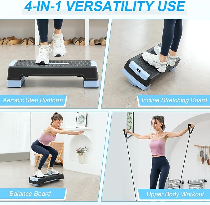 4-in-1 Adjustable Aerobic Step Platform (4"/6") - Workout Stepper with Resistance Bands, Non-Slip Balance Board - Home Gym Equipment for Step Training, Cardio, Pilates & Physical Therapy