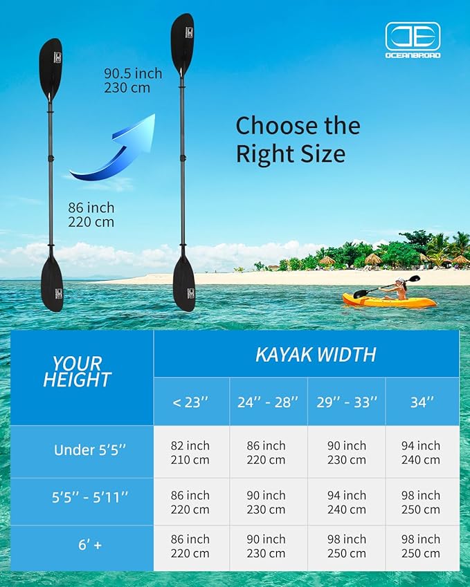 OCEANBROAD Full Carbon Fiber Adjustable Kayak Paddle, 2-Piece, with Paddle Bag and Paddle Leash