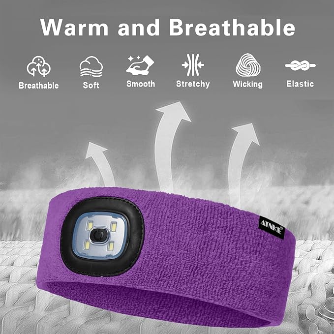 ATNKE 4 LED Lighted Sport Sweatband,USB Rechargeable Running Head Band Lamp High Stretch Wicking Gifts for Men and Women