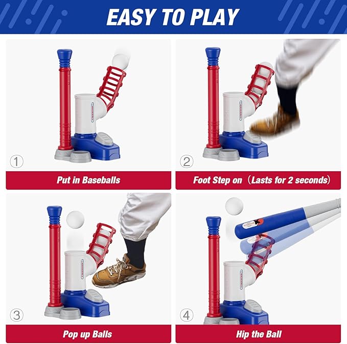 Tball Set for Toddlers 3-5, Tee Ball Set with Step on Pitching Machine/Adjustable Batting Tee/Retractable Baseball Bat/8 Pop Up Balls, Outdoor Sport Toy Games for Kids Boys