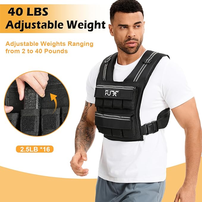 FUFF Adjustable Weighted Vest for Men,20lbs/30lbs/40lbs Vest for Strength Training,Weight Vest with Reflective Strip for Running Walking Exercise Workout