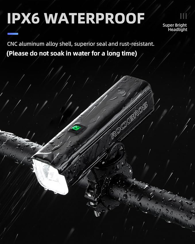 ROCKBROS 1500 Lumens Bike Light for Night Riding, 5000mAh USB-C Rechargeable Bike Headlight, Aluminium Alloy IPX6 Waterproof Bike Front Light, 5 Modes & Auto Mode Anti-Dazzling LED Bike Light