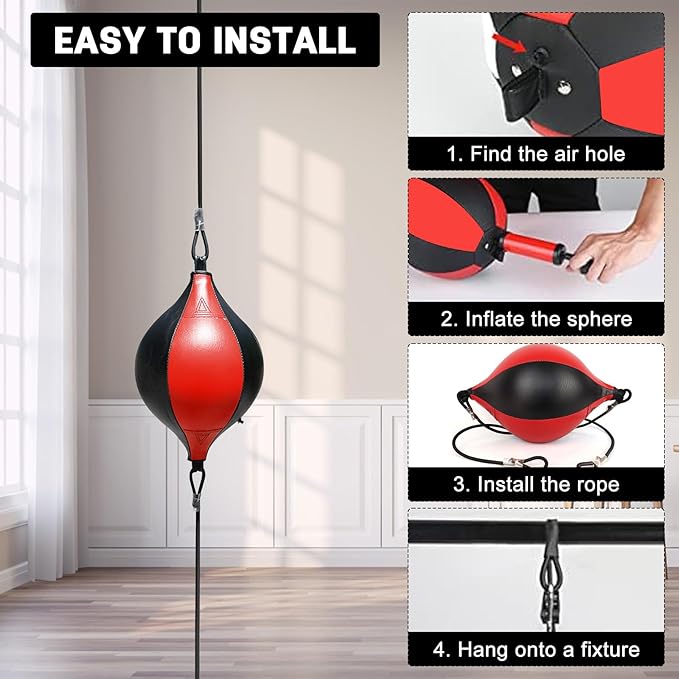 Double End Bag, Boxing Speed Bag with Adjustable Elastic Cords, PU Leather Punching Bag for Adults Kids Fitness Training