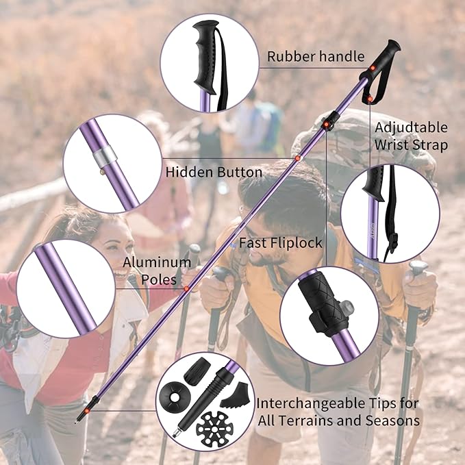Adjustable Trekking Poles for Hiking, Lightweight & Durable Aircraft-Grade Aluminum, All-Season Outdoor Poles with Comfortable Grips and Free Accessories